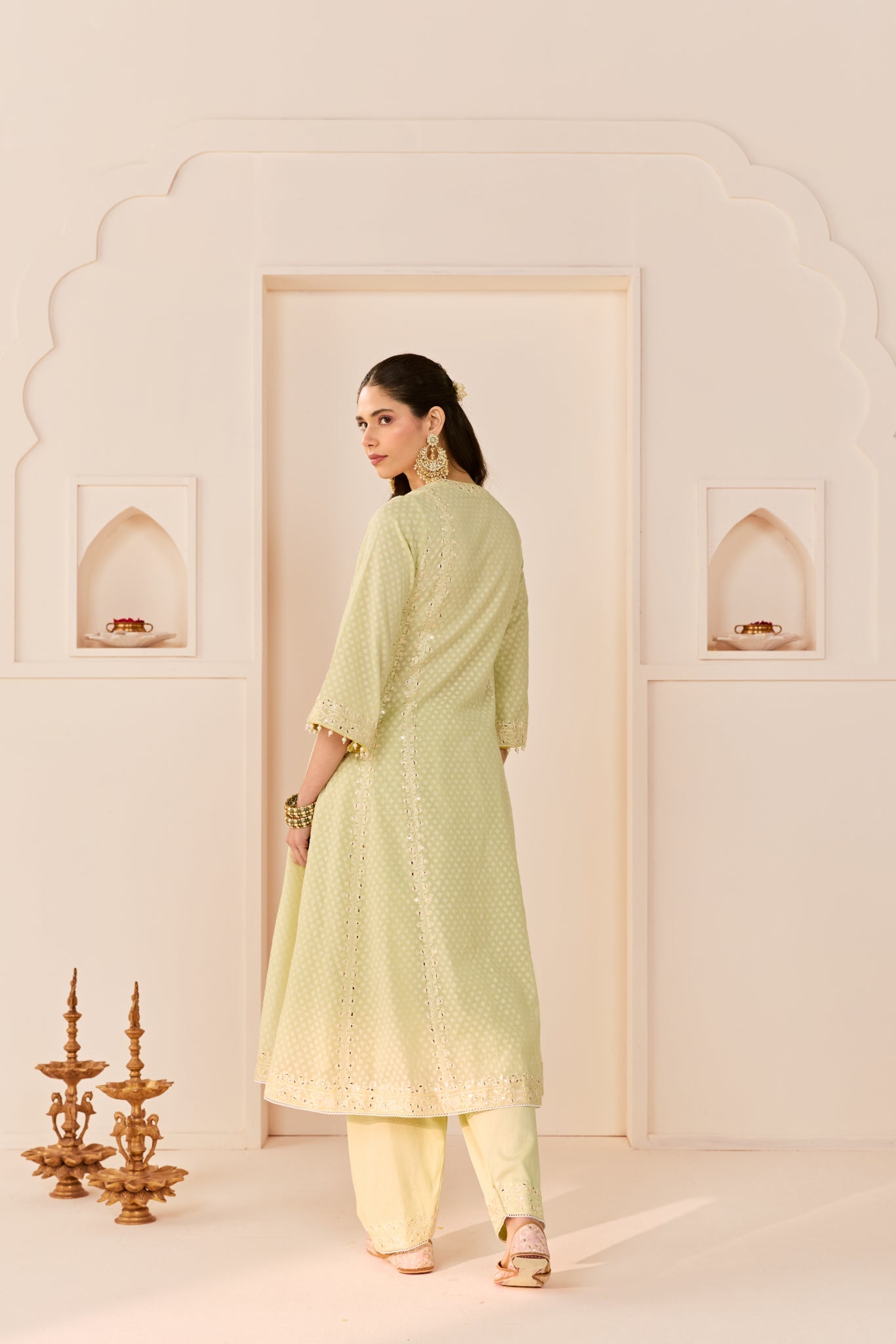 FIRDAUS - MINT GREEN LONG KALIDAAR CHAUGA WITH DOGRI SALWAR AND DUPATTA