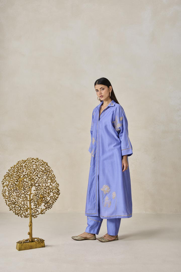 Ink Blue Chanderi Shirt Kurta Set with Heritage Embroidery
