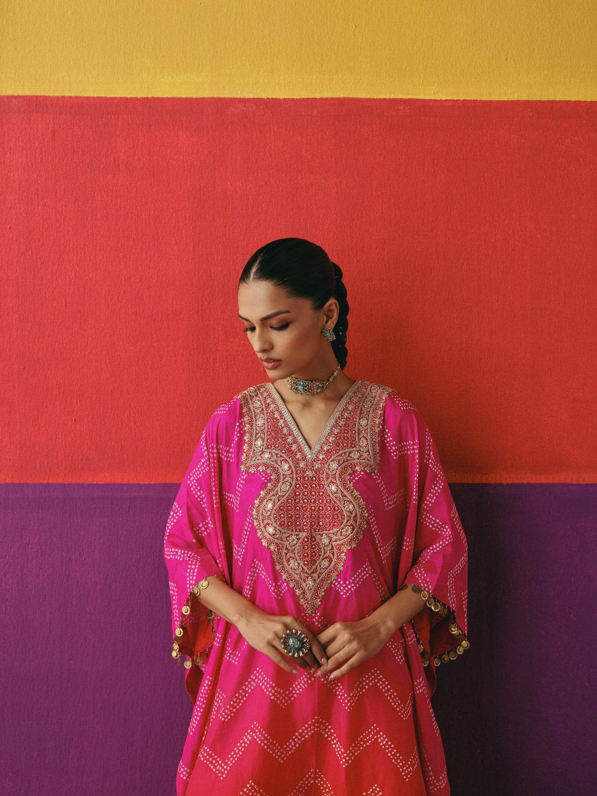 Zigzag Bandhni Kaftan with Sharara