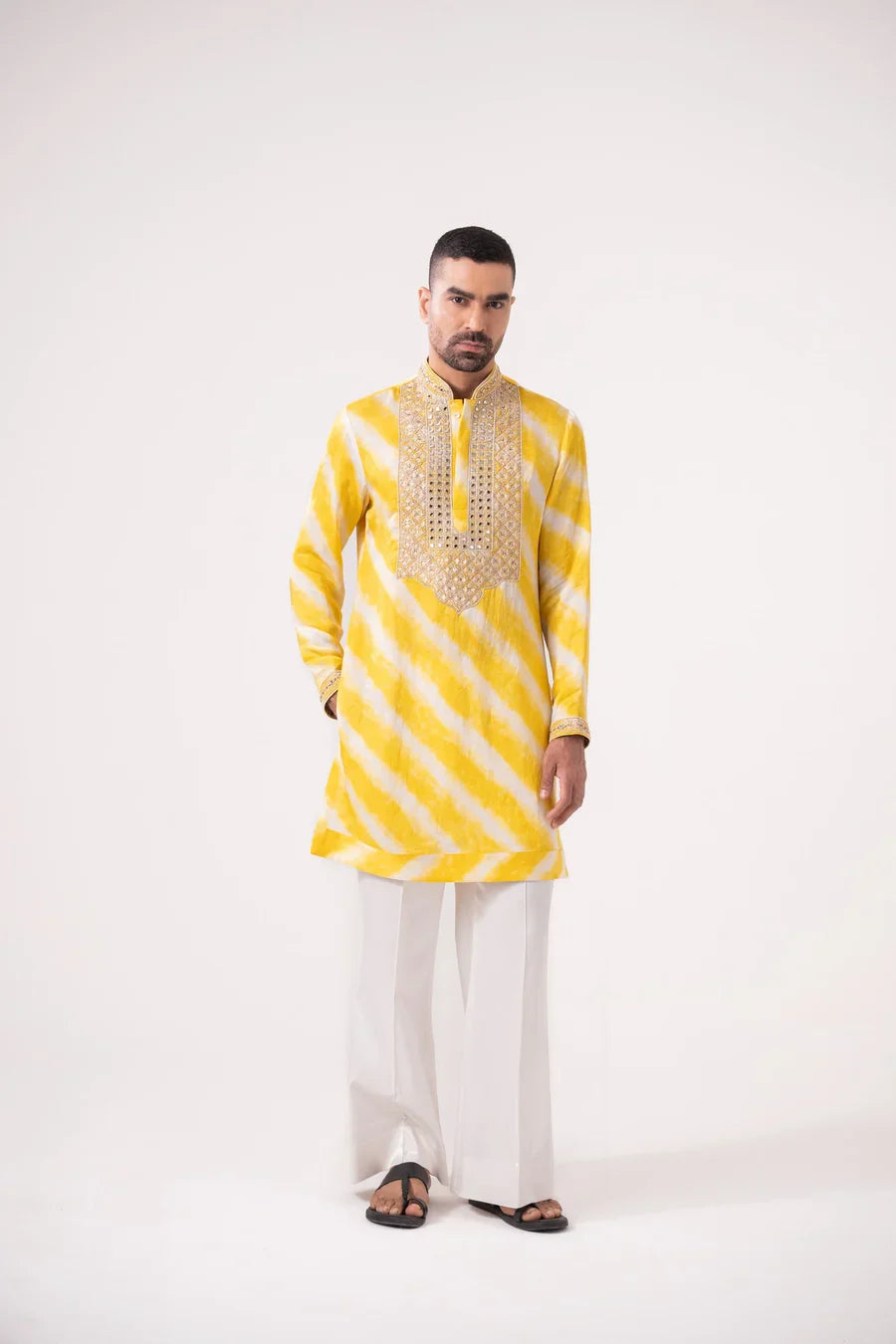 Yellow Leheriya Silk Kurta