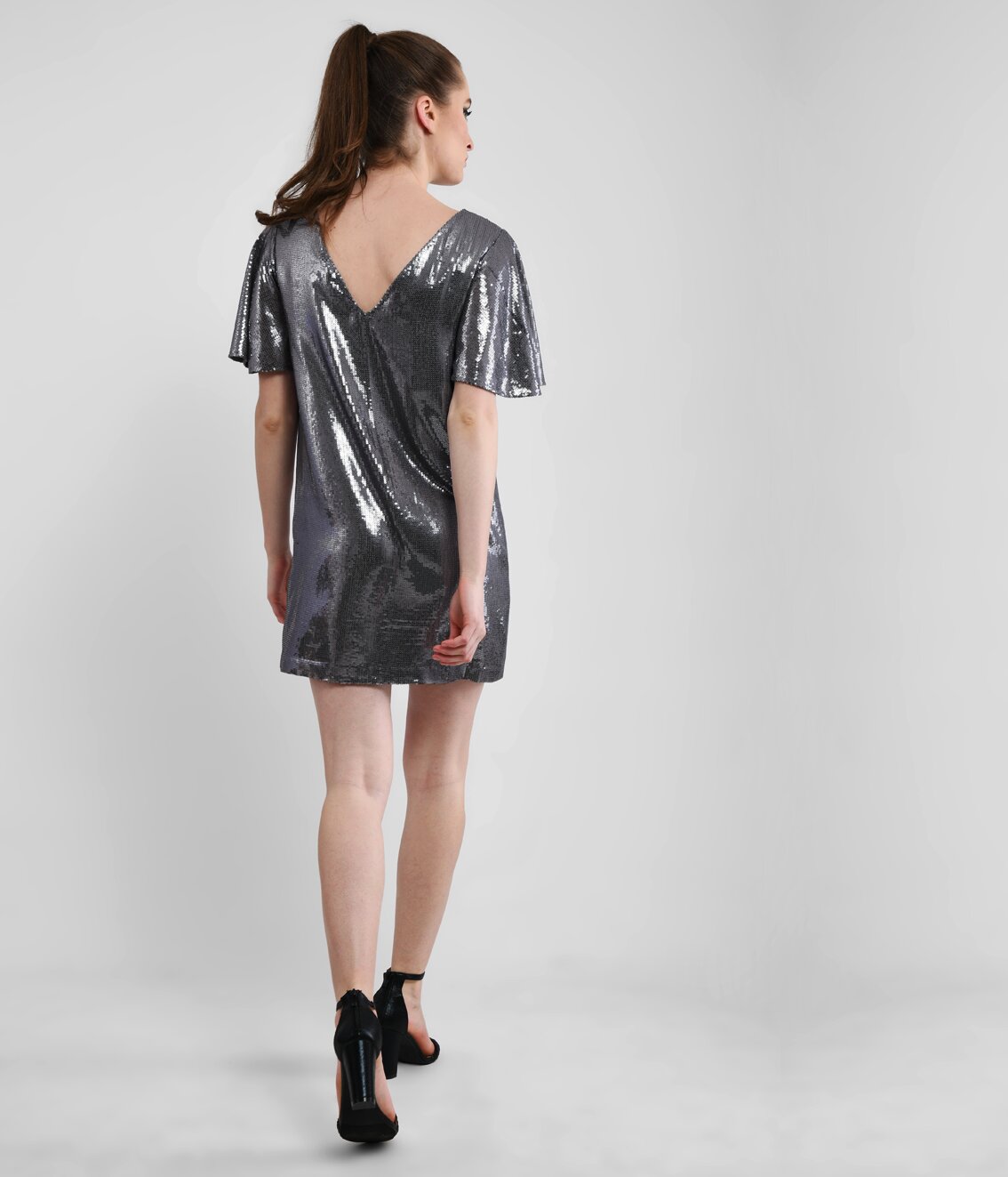 Grey Liquid Metal Sequined Mini Dress