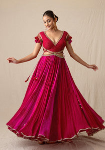 Fuchsia pink printed bandhej gown