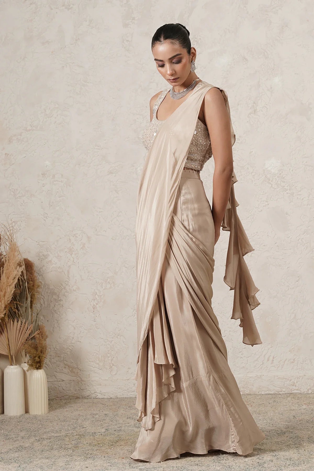 Lehar Ruffle Pre-Draped Saree with Sequin Blouse | Beige  | Women | THETAA