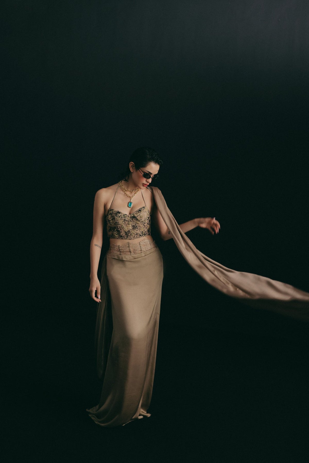 Cutdana & Dori Embroidery, Soft Tulle & Satin with Corded Lace, Skirt Set, Corset Silhouette