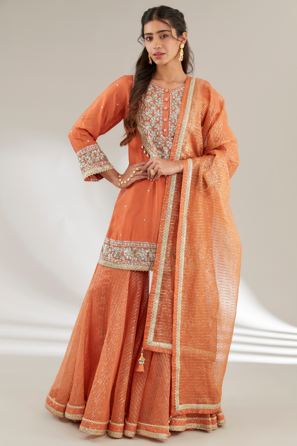 Rust Orange Manvi Garara Set in Embroidered Upada Silk & Organza