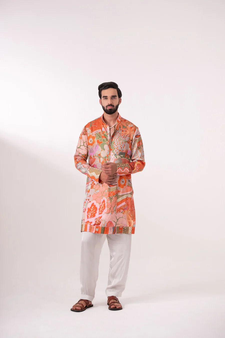 Multi-Color Printed Linen Silk Kurta