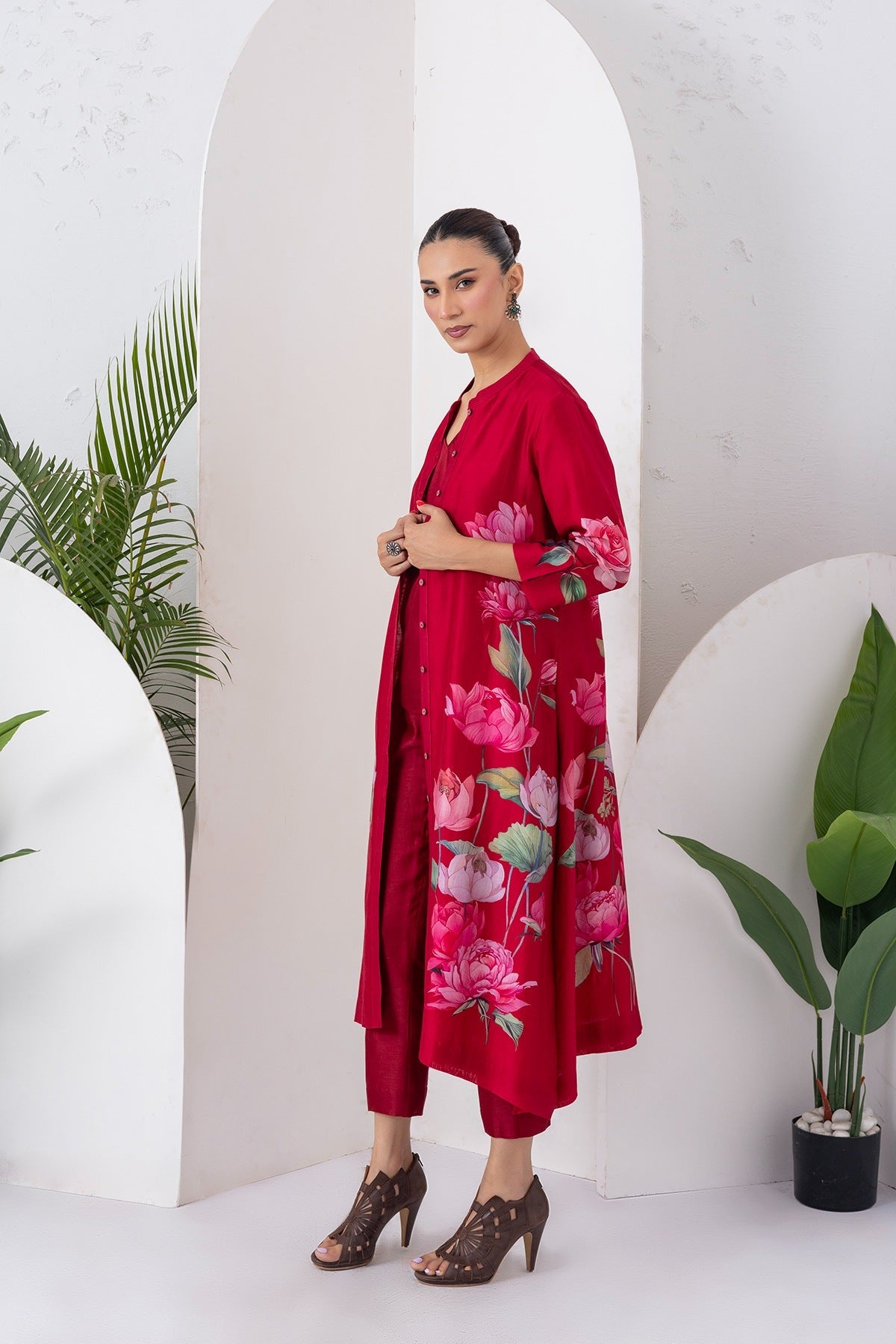 Maroon Silk Chanderi Printed Front Open Dress Set (3 PCS)