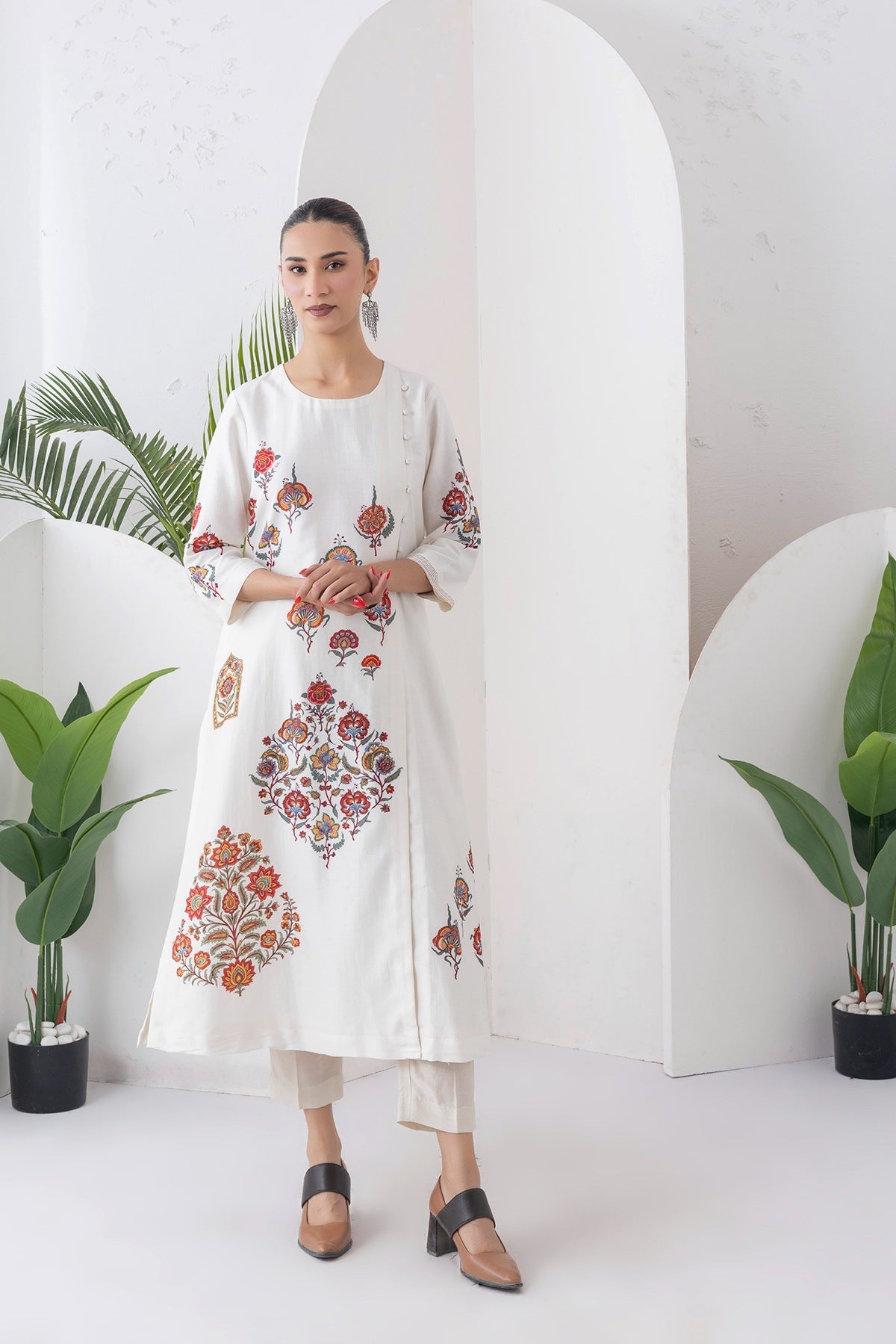 Ivory Silk Chanderi Printed Side Panel Dress Set (2 PCS)
