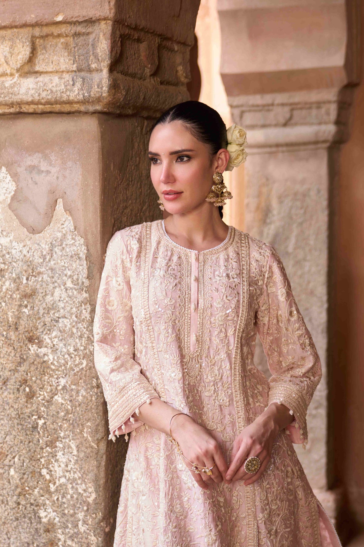 Pink Silk Chanderi Short A-Line Kurta Set with Dupatta