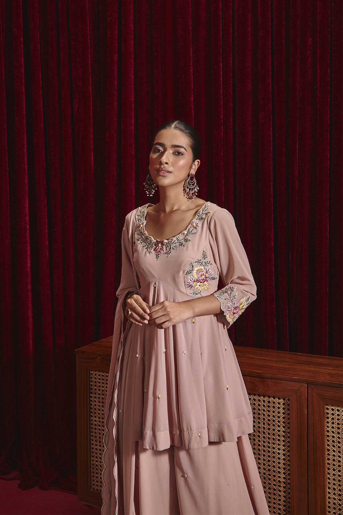 Old Rose Dupion Silk Peplum Kurta with Sharara & Organza Dupatta