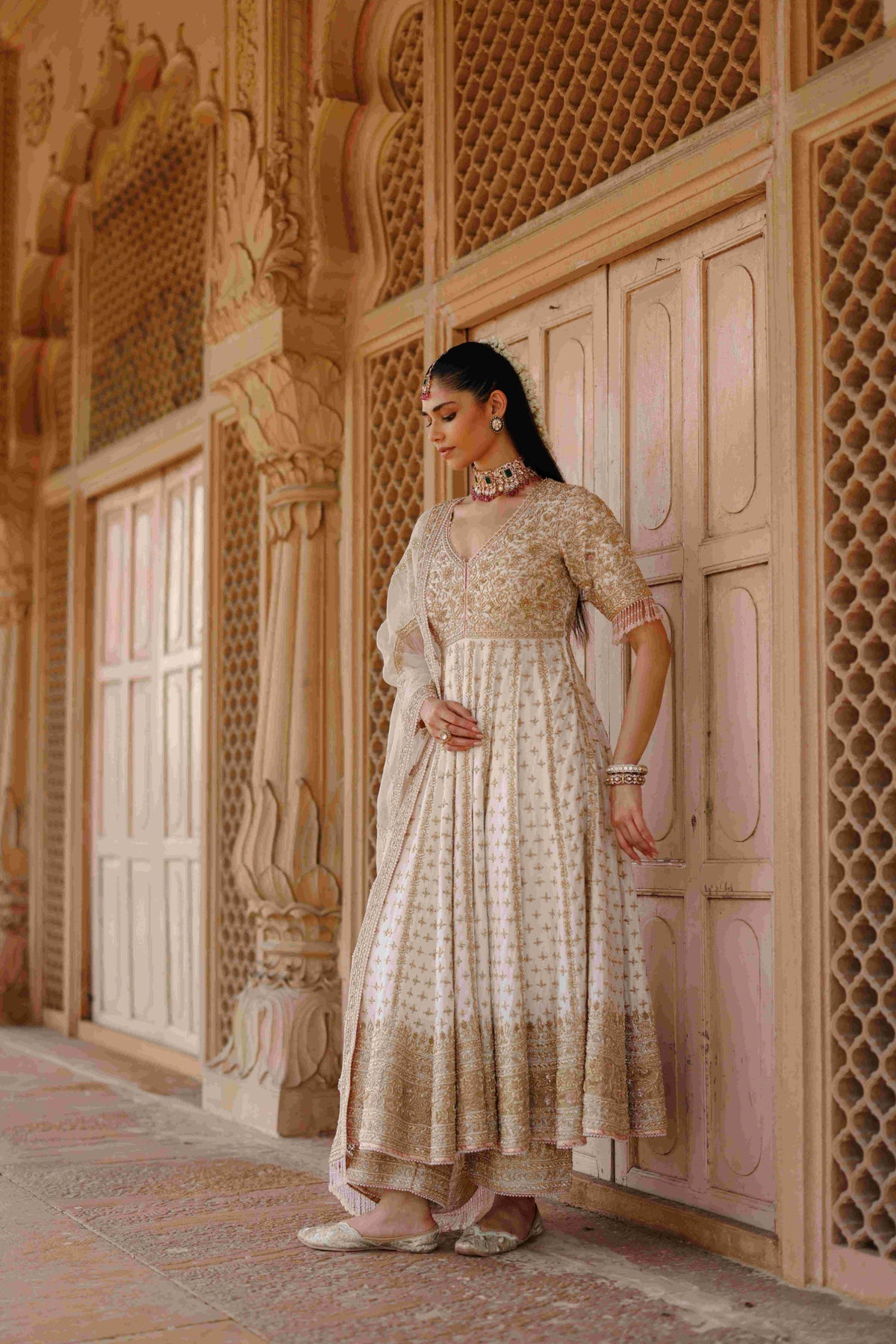 Daisy Ivory Pure Silk Chanderi Kalidaar Anarkali Suit Set