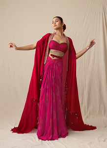 Fuchsia pink printed bandhej drape skirt set