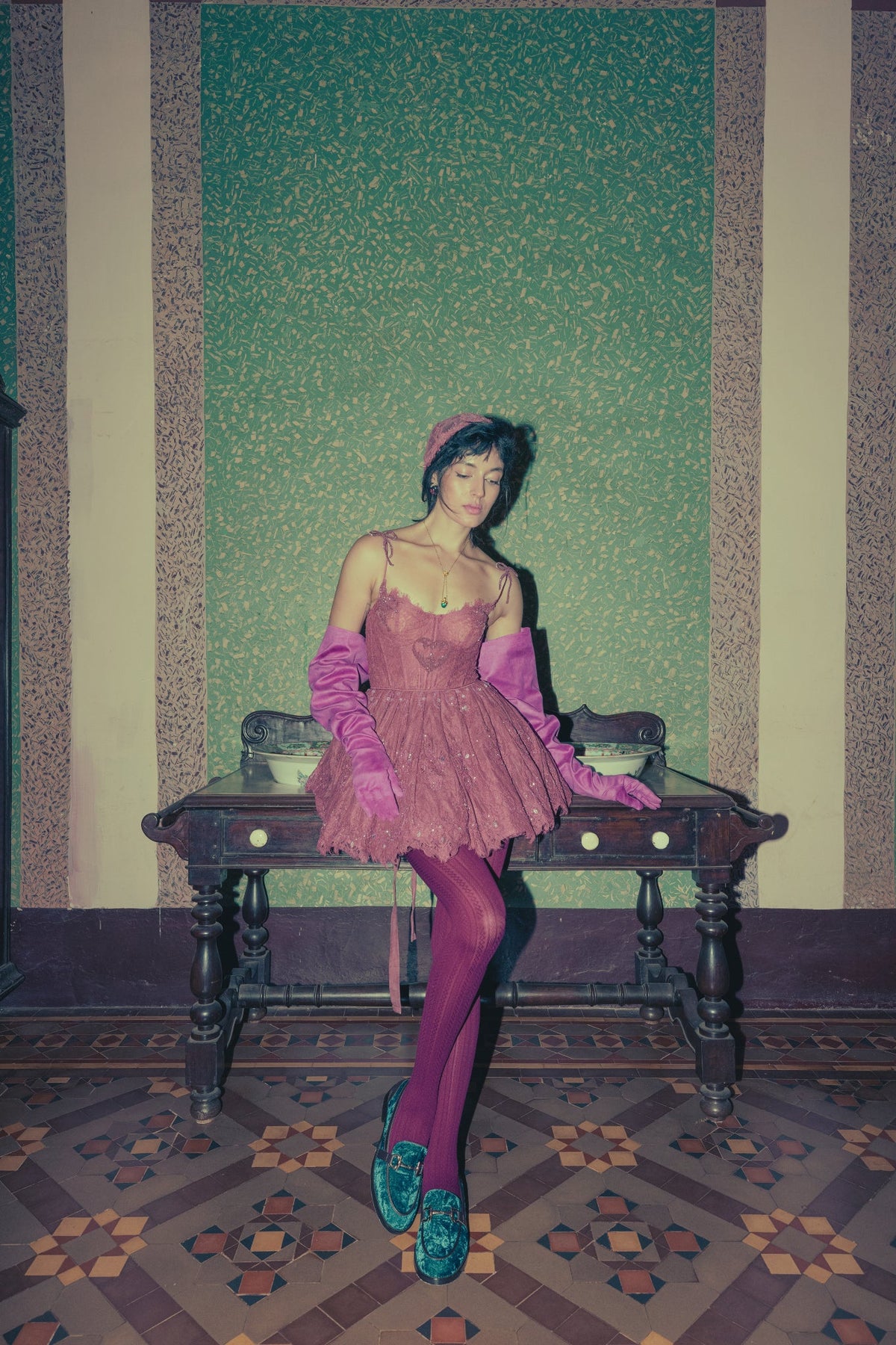 Rose Pink, Pre-Renaissance Embroidery, French Lace & Silk, Ballerina Mini Dress, Corseted Tutu Silhouette