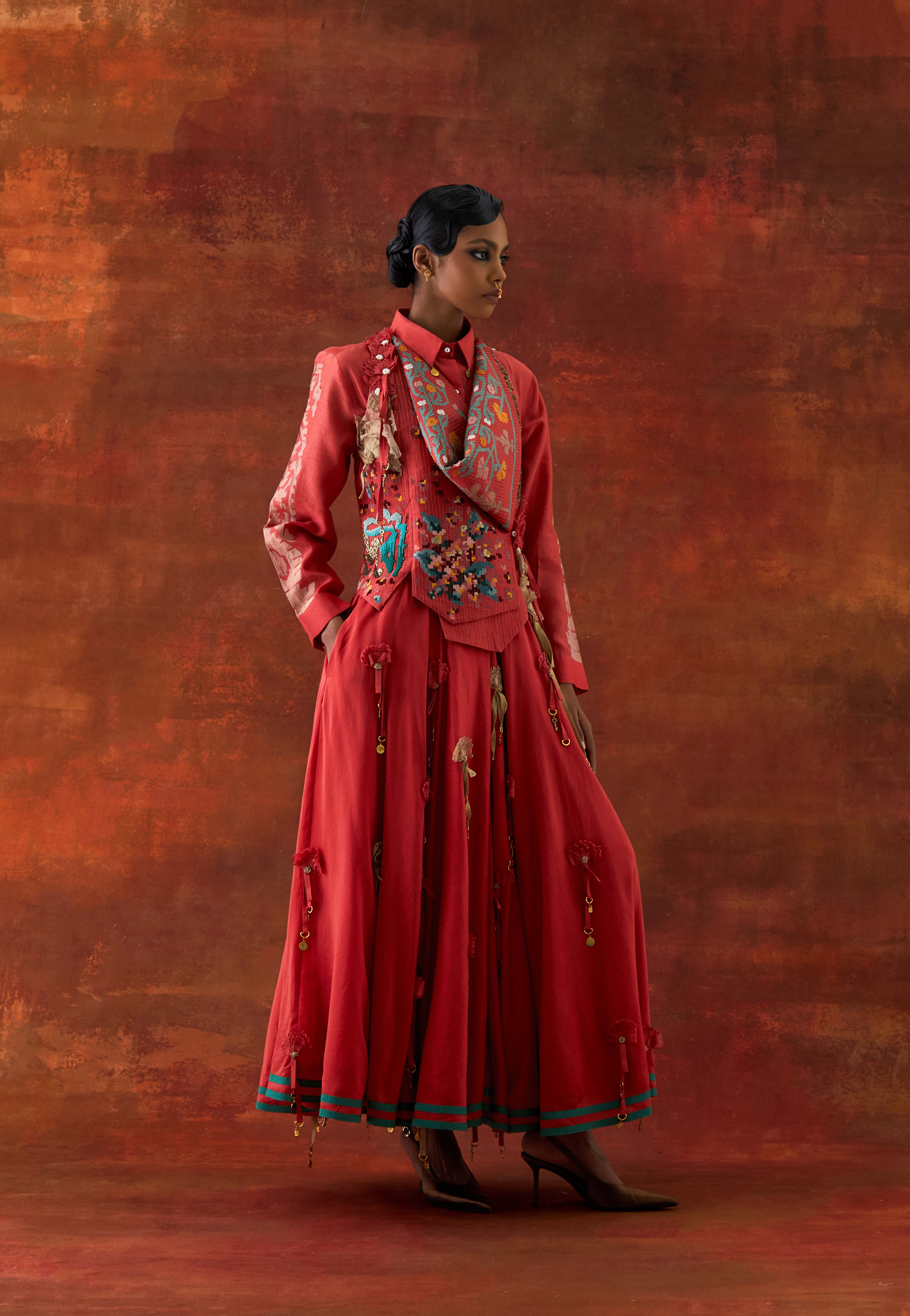 EMB ENGINEERED COWL RACER BACK JACKET + SHIRT WITH EMB BOOTA SLEEVES AND 3D FLOWER SKIRT - image 5