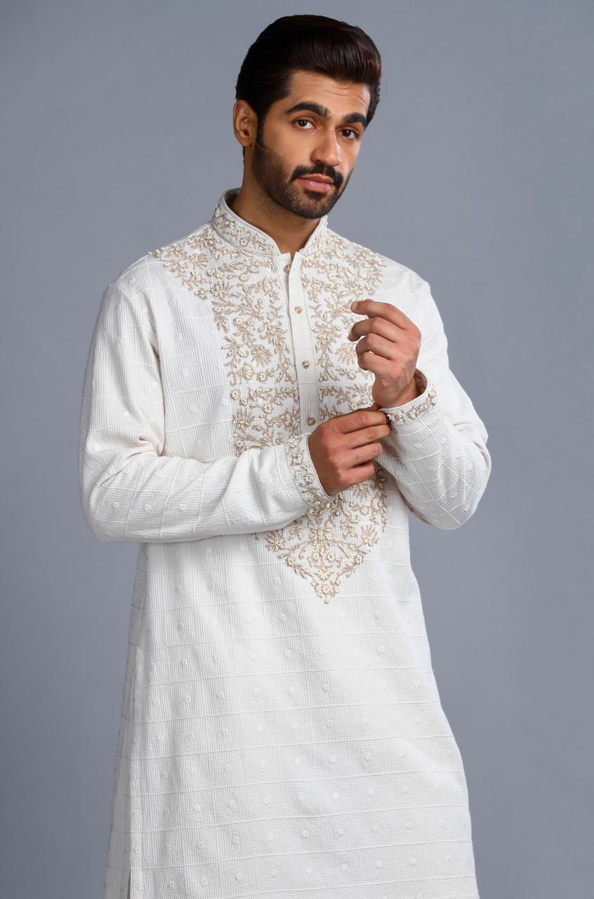 Ivory Cotton Embroidered Kurta