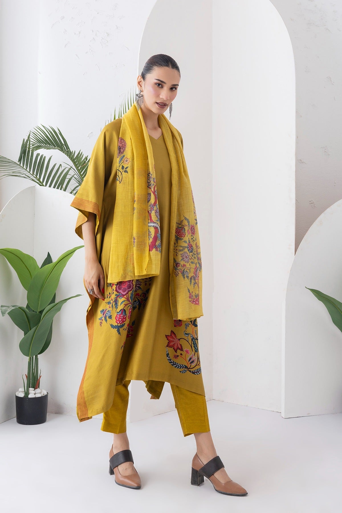 Mustard Silk Chanderi Chintz Printed Kaftan Set (2 PCS)