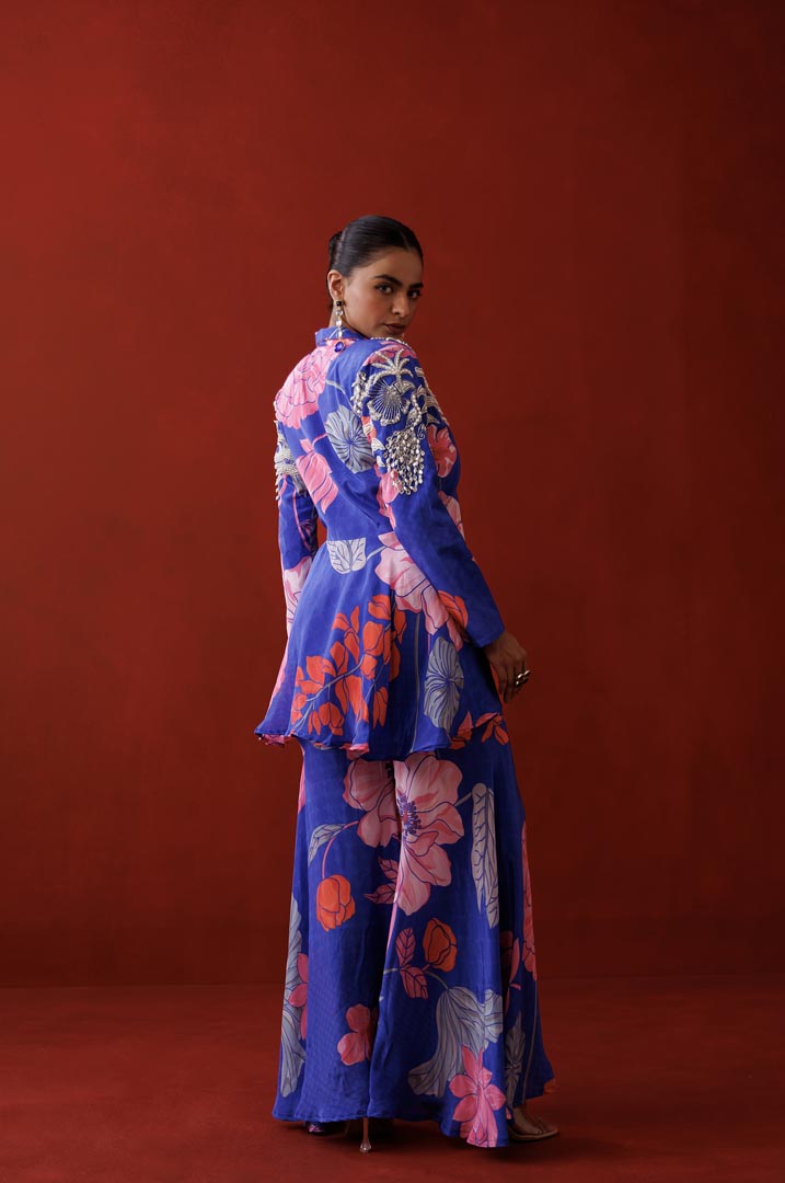 Blue ruffle blazer set