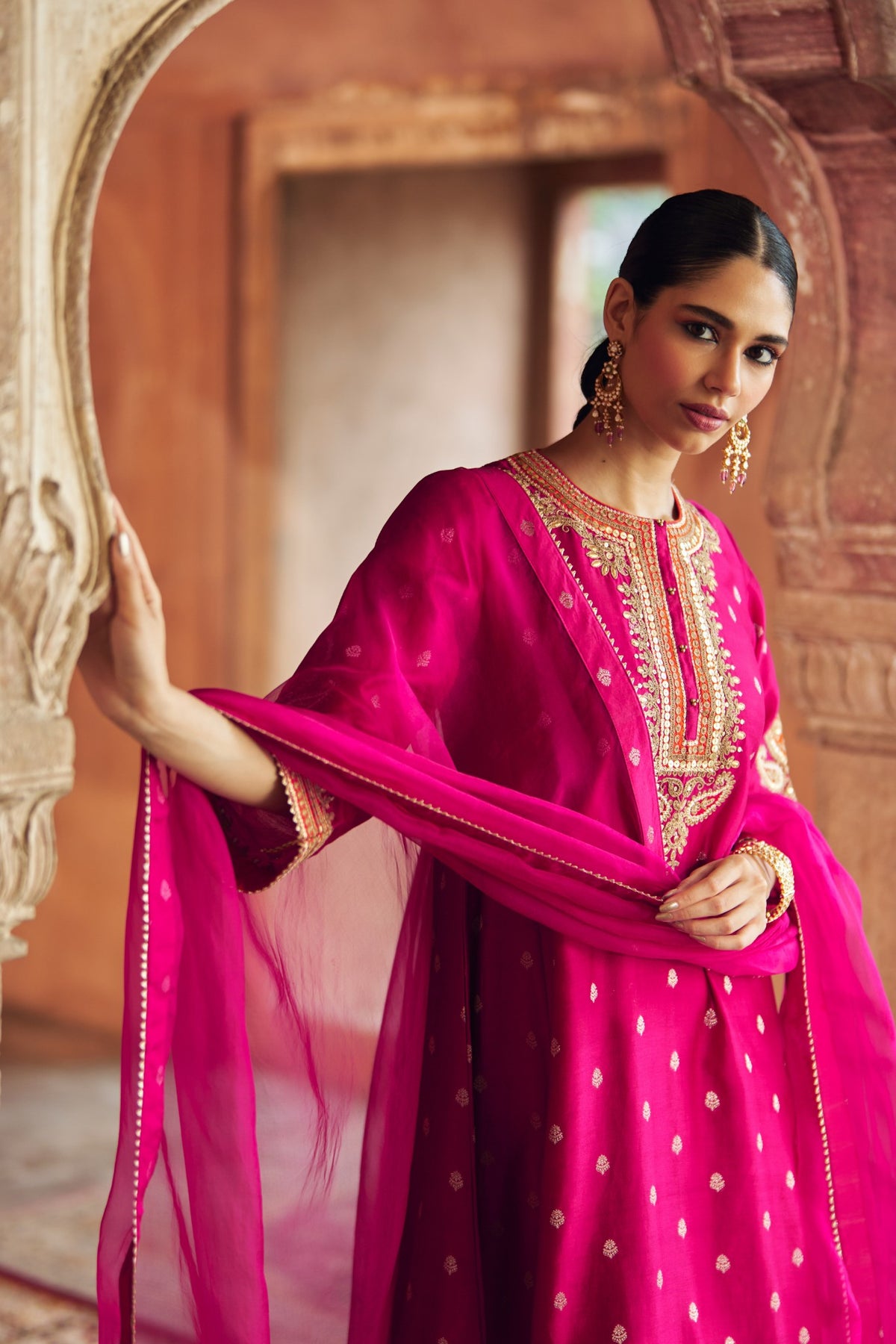 Hot Pink Silk Chanderi Chauga with Traditional Dogri Salwar