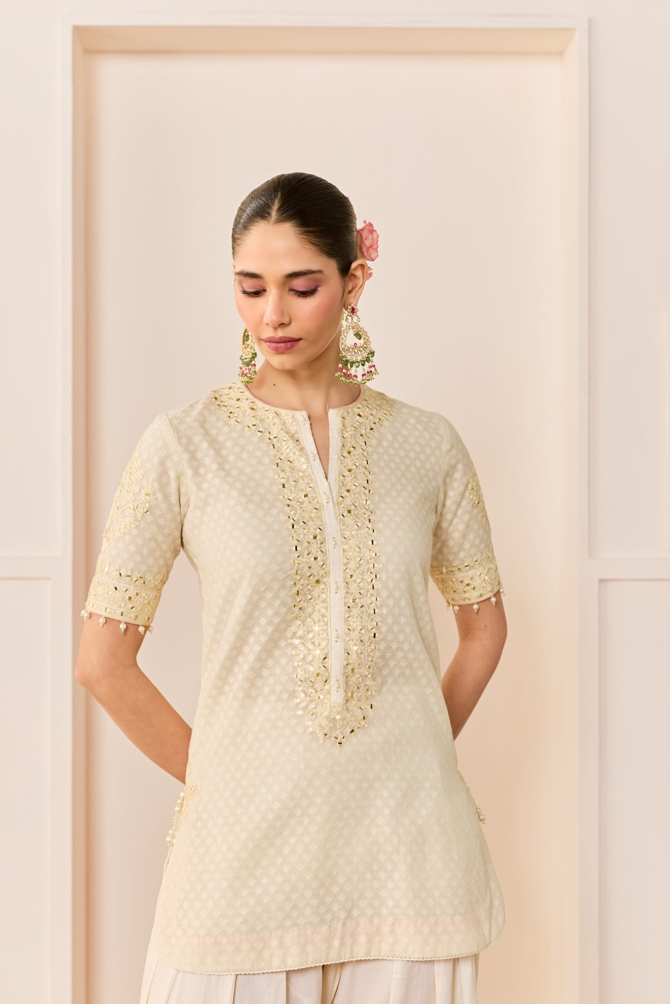 ANAISHA -DAISY IVORY SHORT KURTA WITH FARSHI SALWAR AND DUPATTA