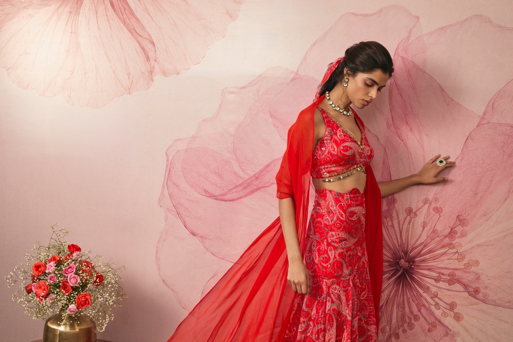 RED PAISLEY PRINTED FISH CUT LEHENGA SET