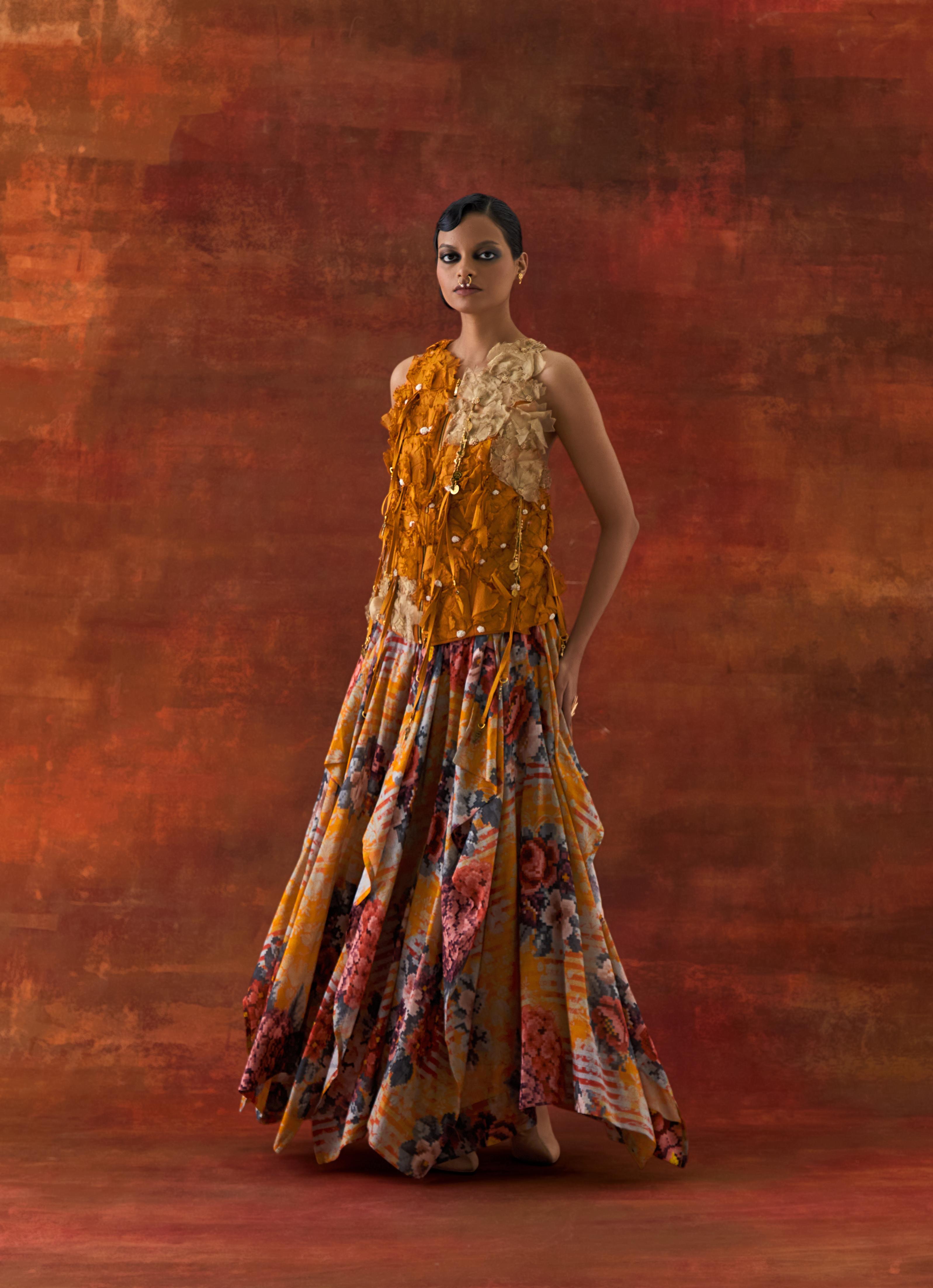 3D FLOWER RACER BACK JACKET + CASCADE SHIRT WITH PRINTED DRAPED SKIRT - image 5