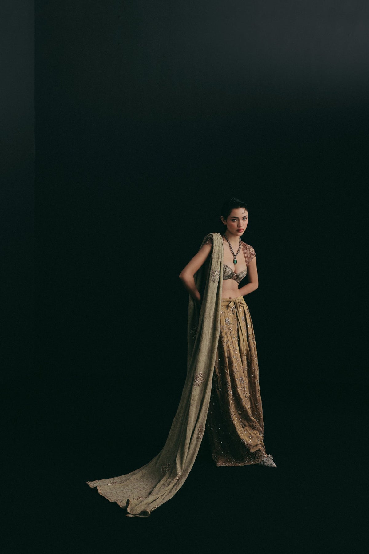 Zardosi Embroidery, Silk & Tulle with Voile, Three Piece Set, Crop and Pant Silhouette