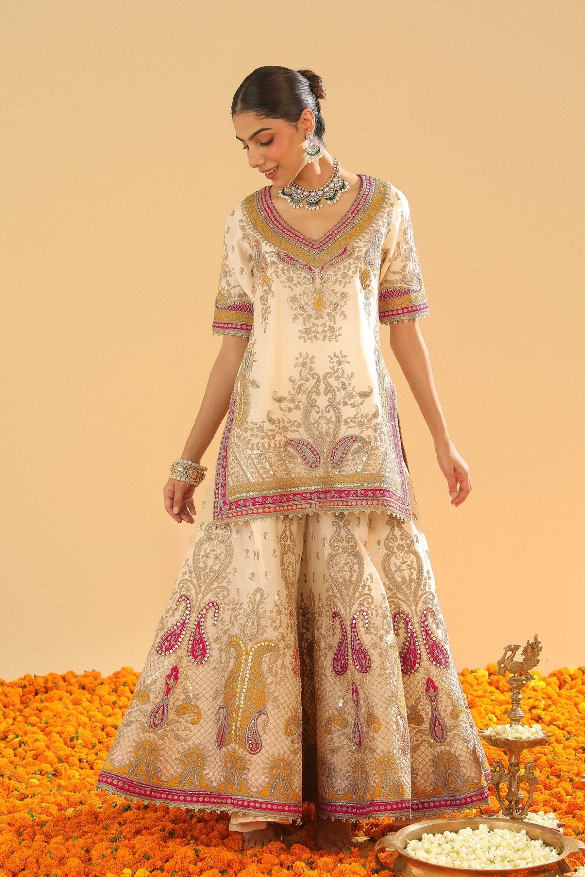 Sadiya - Daisy Ivory Short Kurta with Sharara and Dupatta