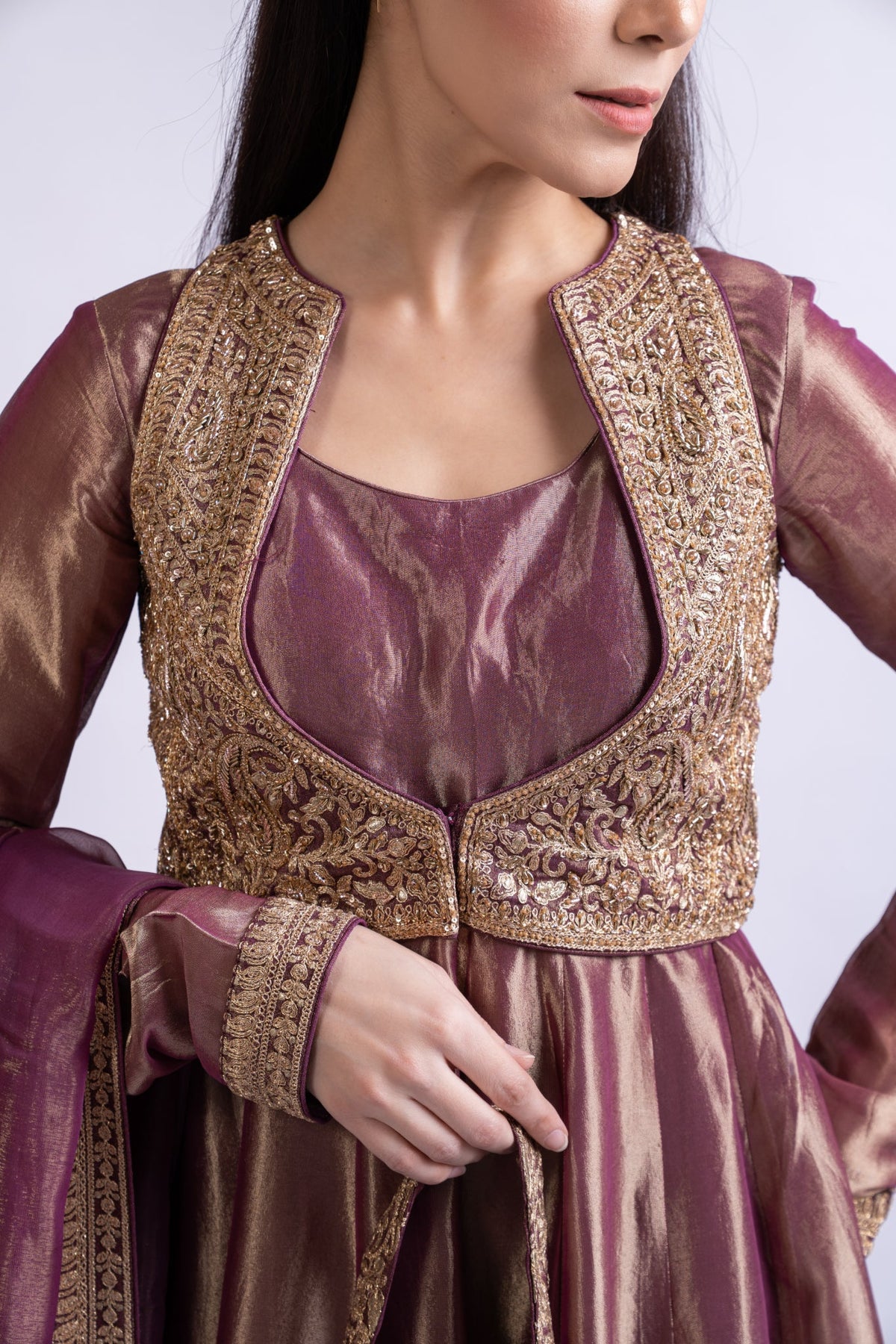 Royal Purple Tissue Silk Anarkali with Embroidered Jacket, Dupatta & Potli
