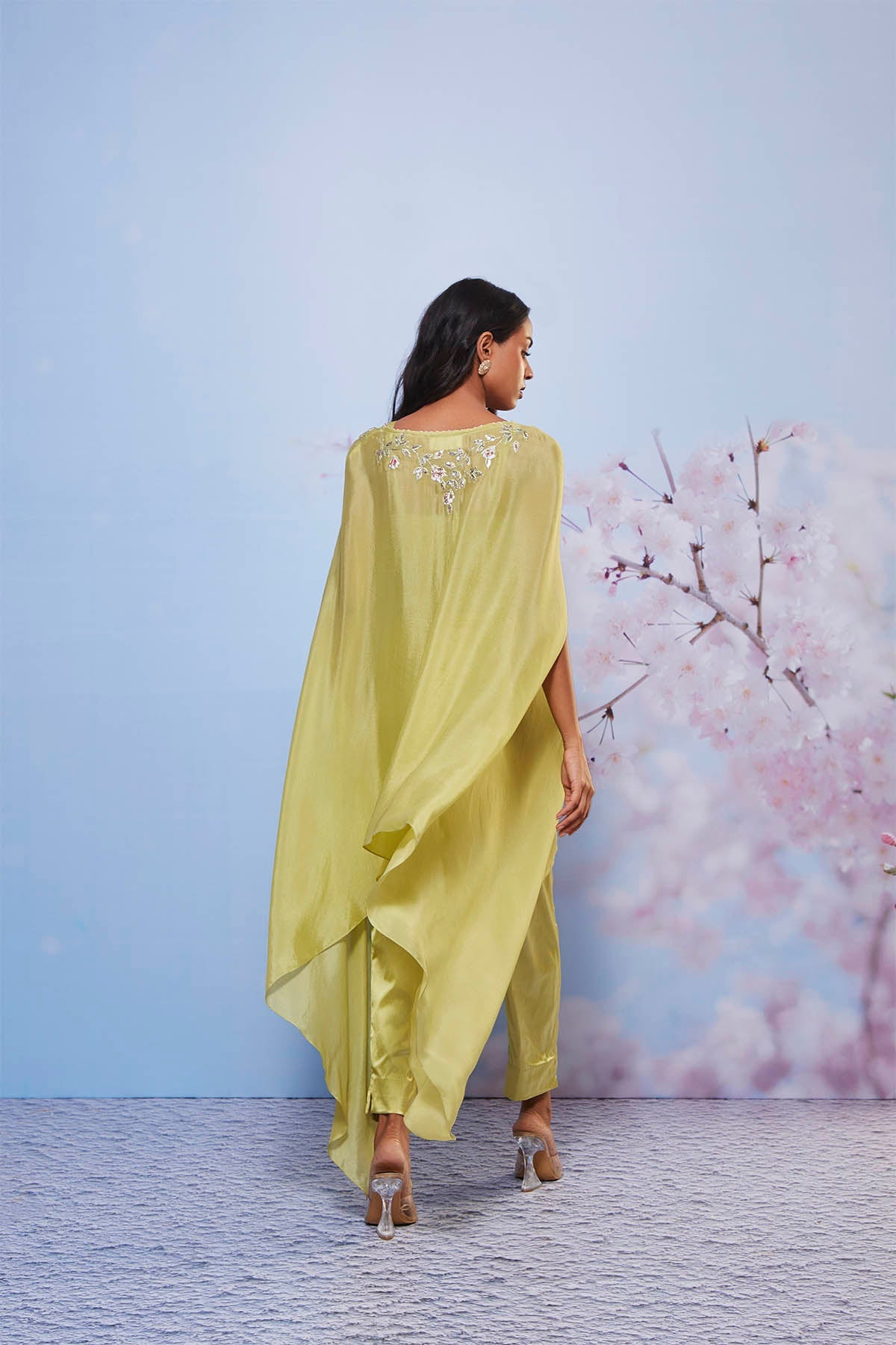 REET Mint Asymmetrical Cape Set with Embroidered Shoulder & Cigarette Pants