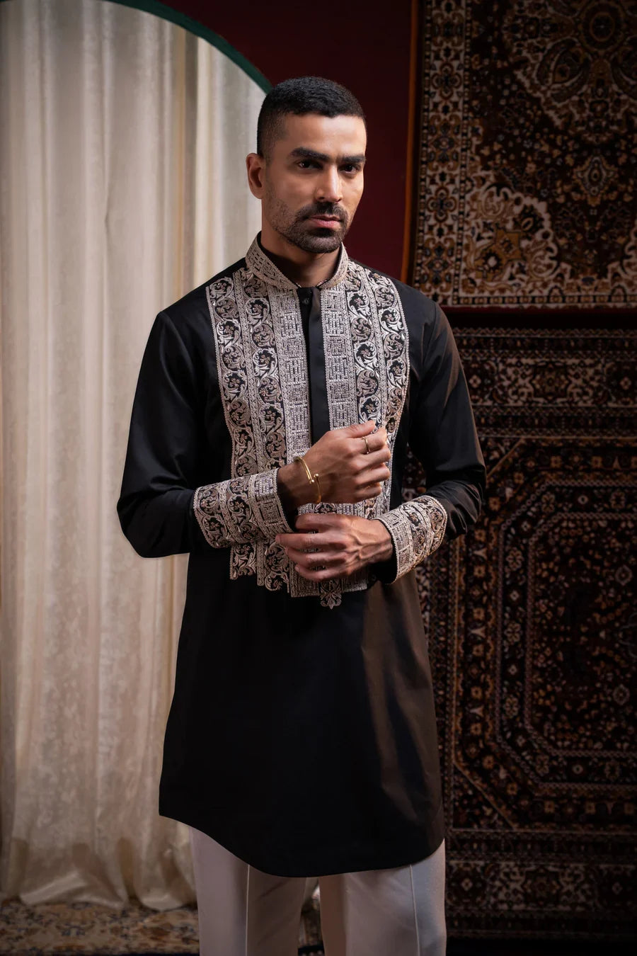 Black Embroidered Kurta in Satin Silk