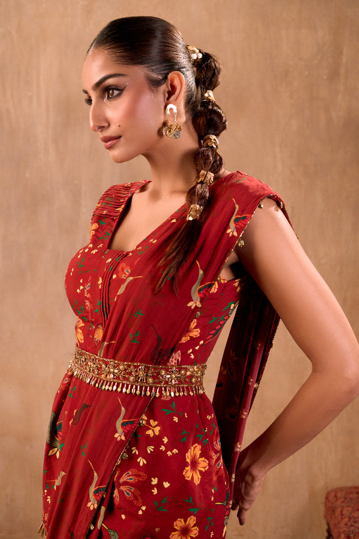 RED PRINT EMBROIDERED PEPLUM TOP, DRAPED PANTS, DRAPE AND BELT SET - image 5