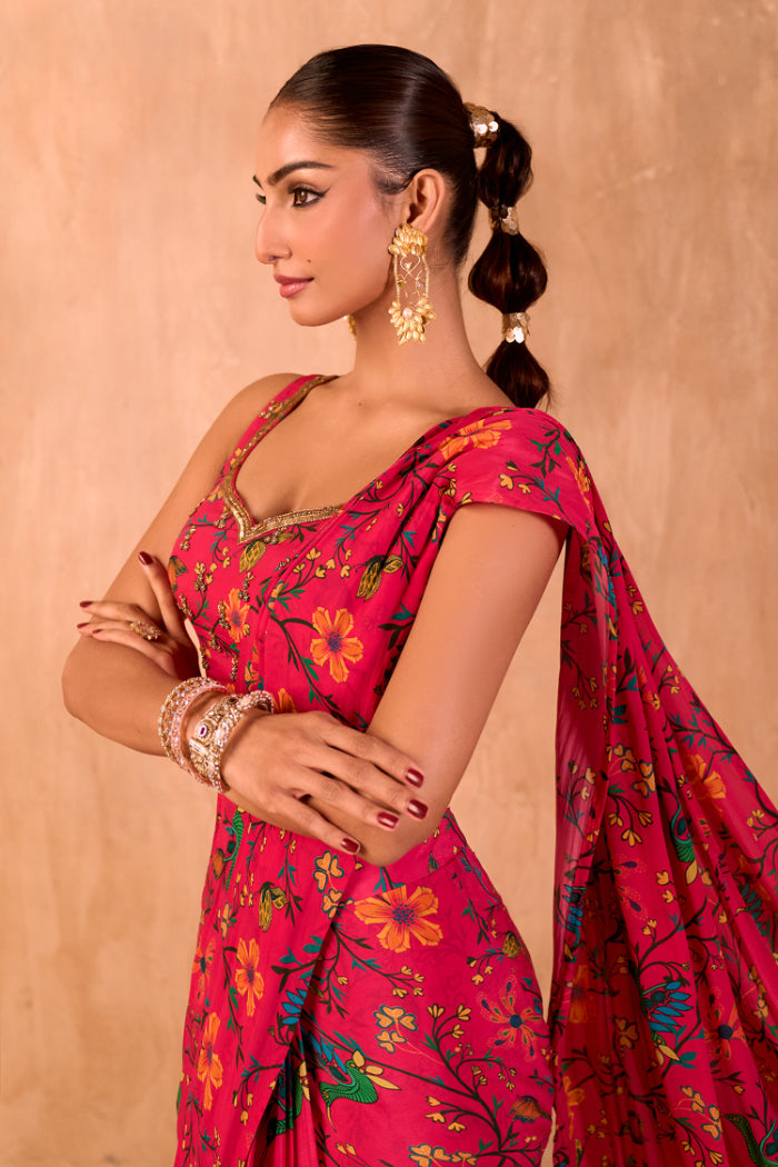 PINK PRINT EMBROIDERED CHOLI WITH PRE-DRAPED SARI SET - image 5