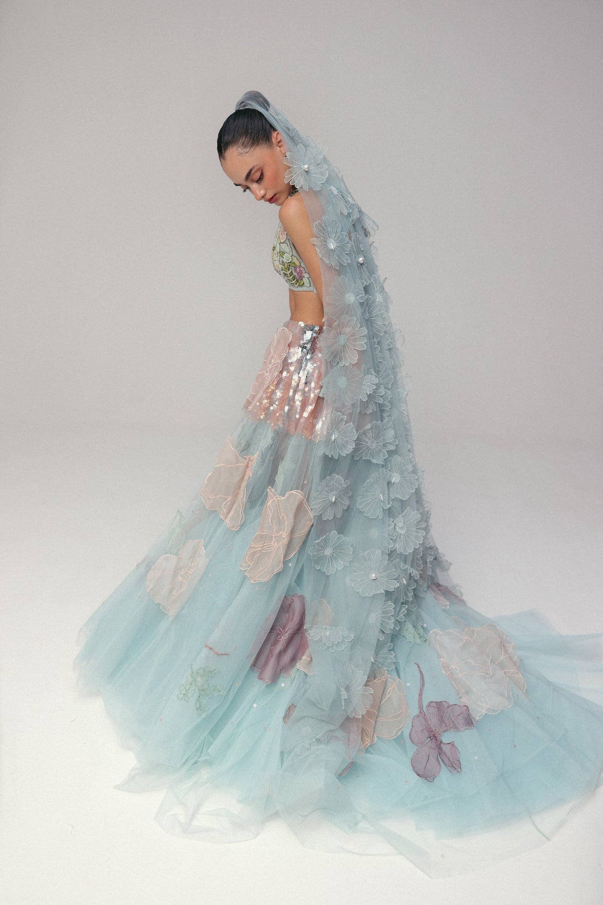 Floral & Zardosi Embroidery, Tulle & Silk with French Lace, Skirt Set, Crop Silhouette
