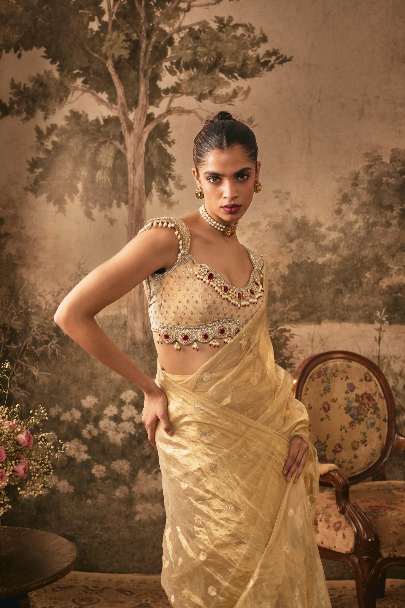 Champagne Gold Tissue silk pre -draped Saree with Embellished Blouse