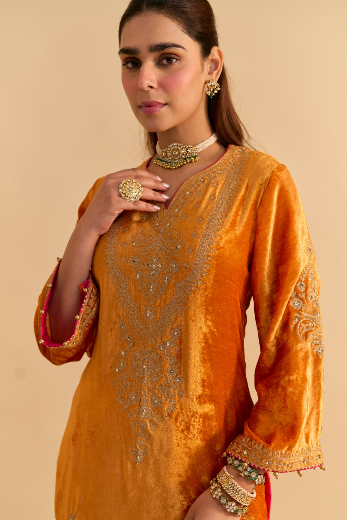Nooren Orange Velvet Kurta Palazzo Set for Festive Winter