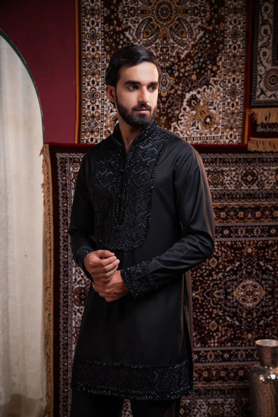 Midnight Noir Embroidered Linen Silk Kurta Set