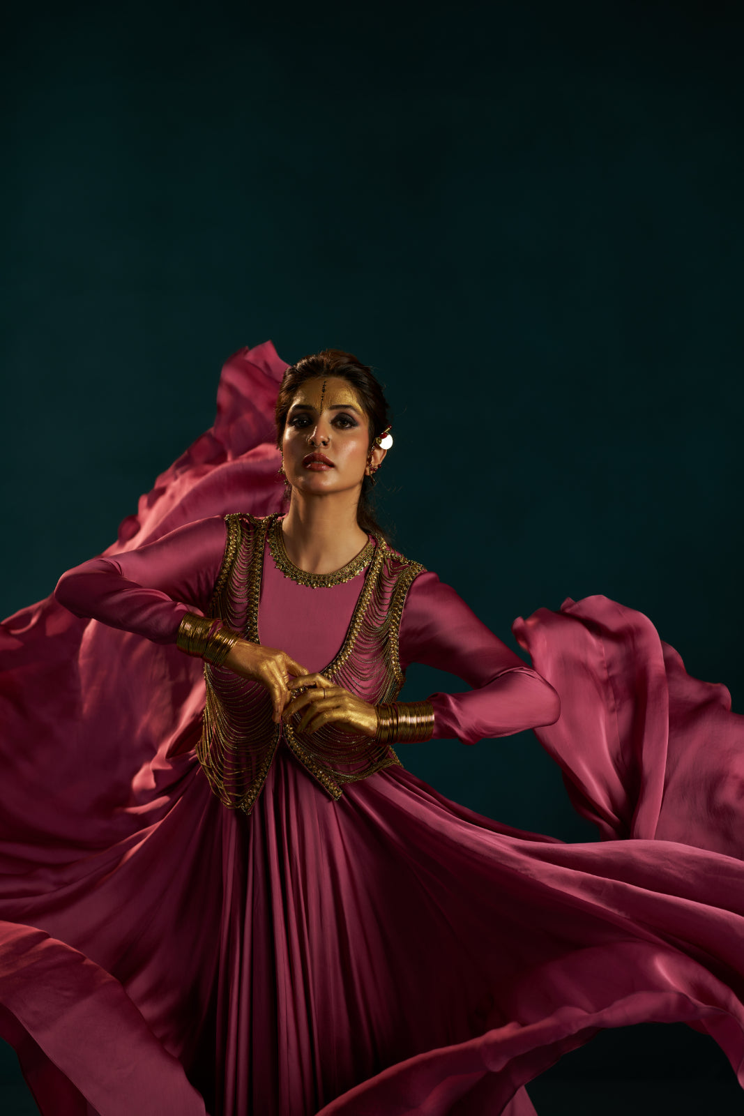 Onion Pink Organza Satin Anarkali with Metal Chain Jacket.