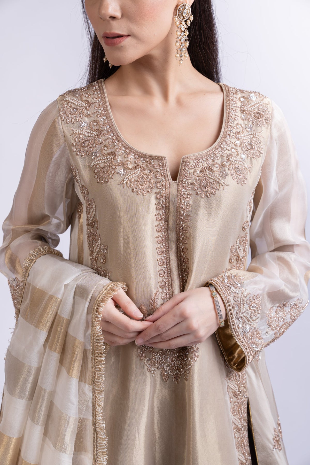 Golden Brown Embroidered Tissue Silk Sharara Set