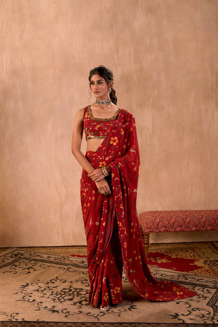 RED PRINT EMBROIDERED CHOLI WITH PRE-DRAPED SARI SET - image 5