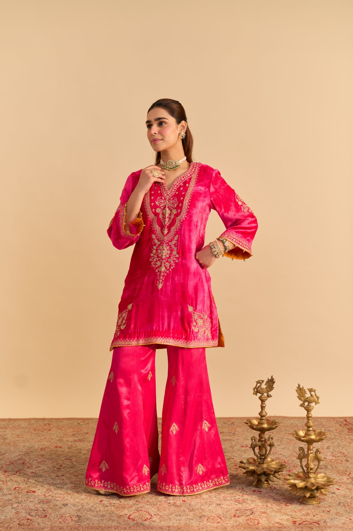 Nooren - Hotpink Kurta with Flared Palazzo and Dupatta