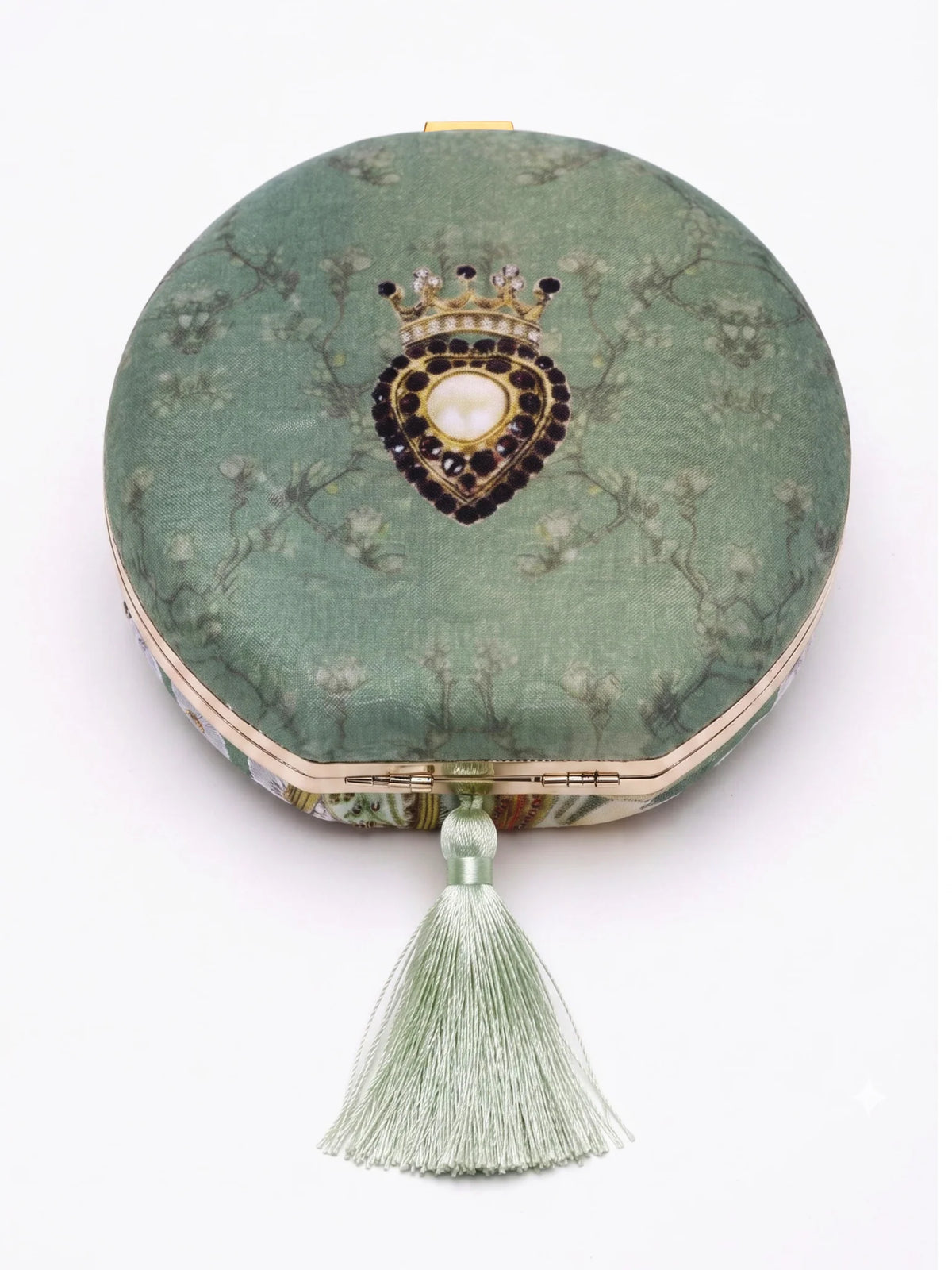 Sage Green Shehzada Portrait Round Clutch Bag with Embellished Tassel