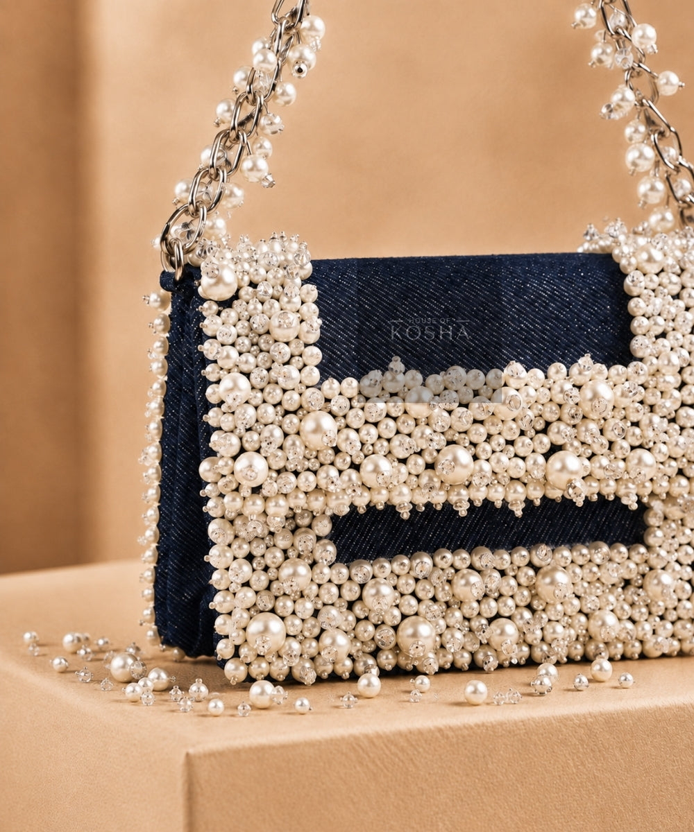 Elana Denim Pearl Embellished Clutch