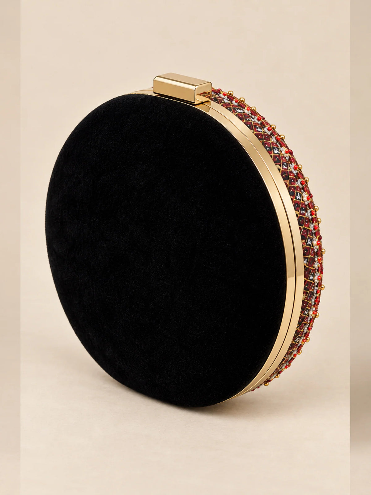 Burgundy Mandala Printed Embroidered Round Clutch Bag with Three Gold Tassels