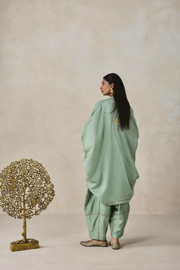 Sage Green Chanderi Jacket Style Kurta Set with Applique Work