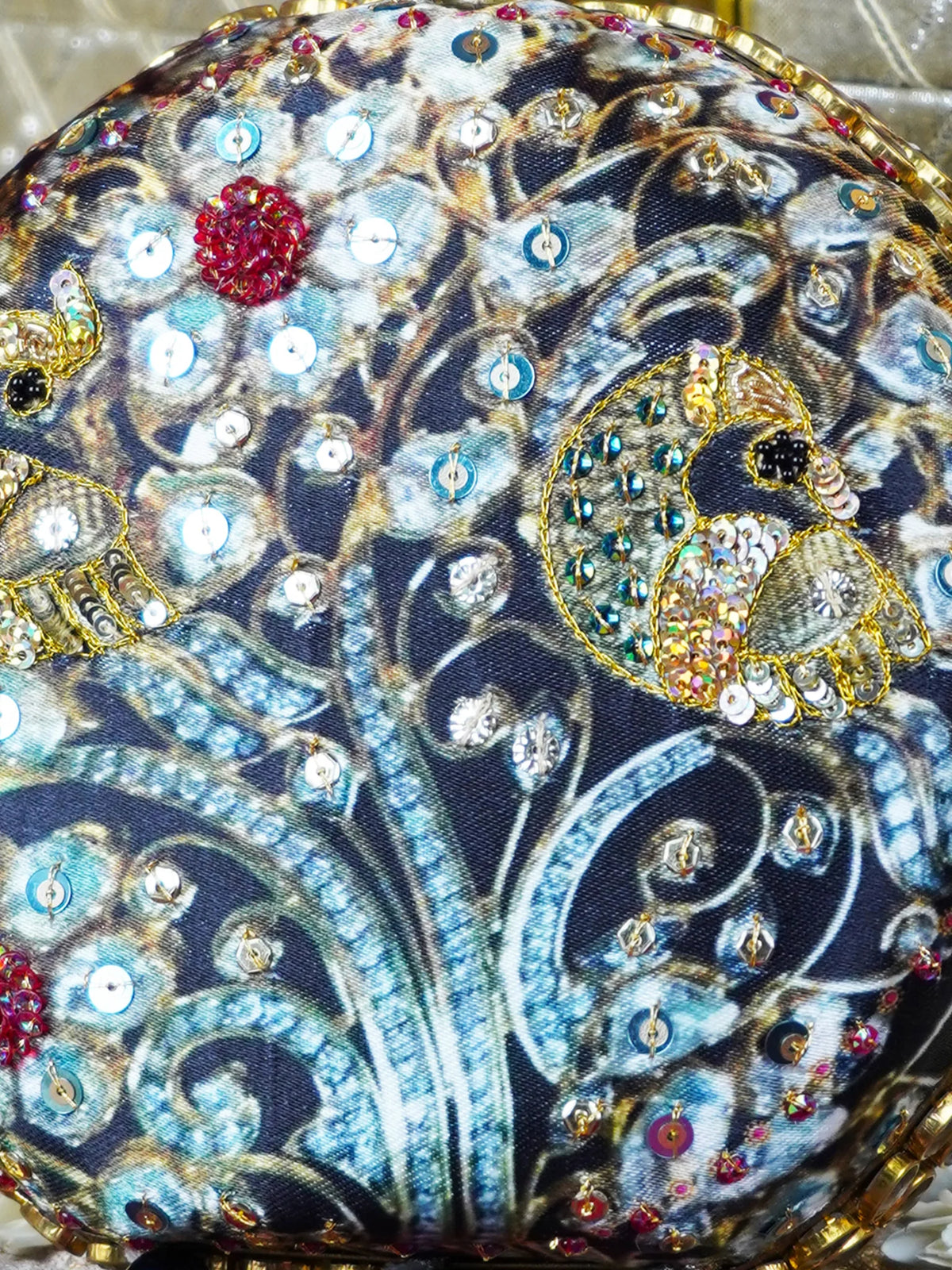 Black Jewel Peacock Print Embroidered Round Clutch Bag