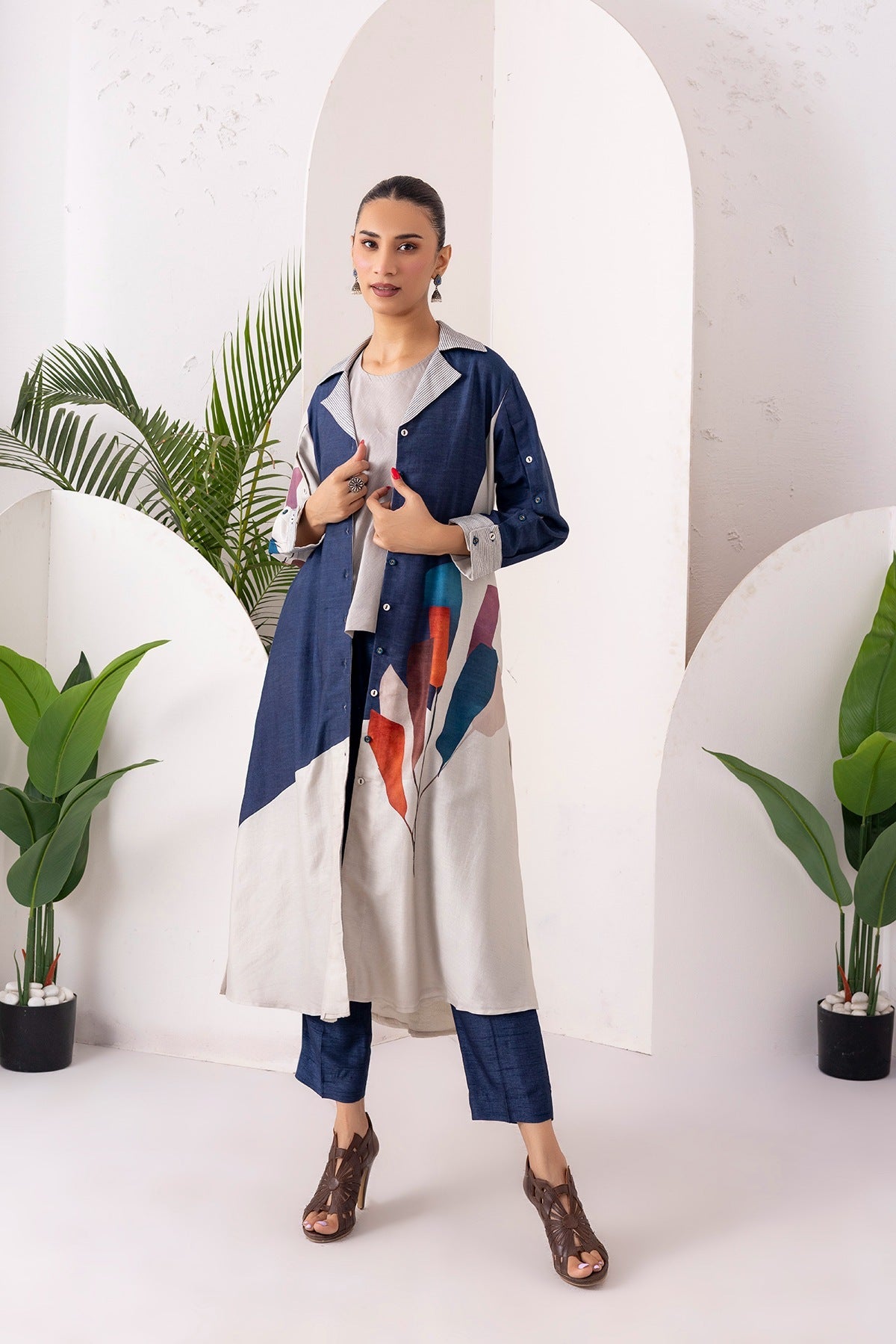 Blue & Ivory Silk Chanderi Printed Front Open Dress Set (3 PCS)