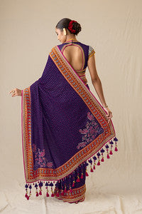 Purple mirror and pearl printed bandhej saree