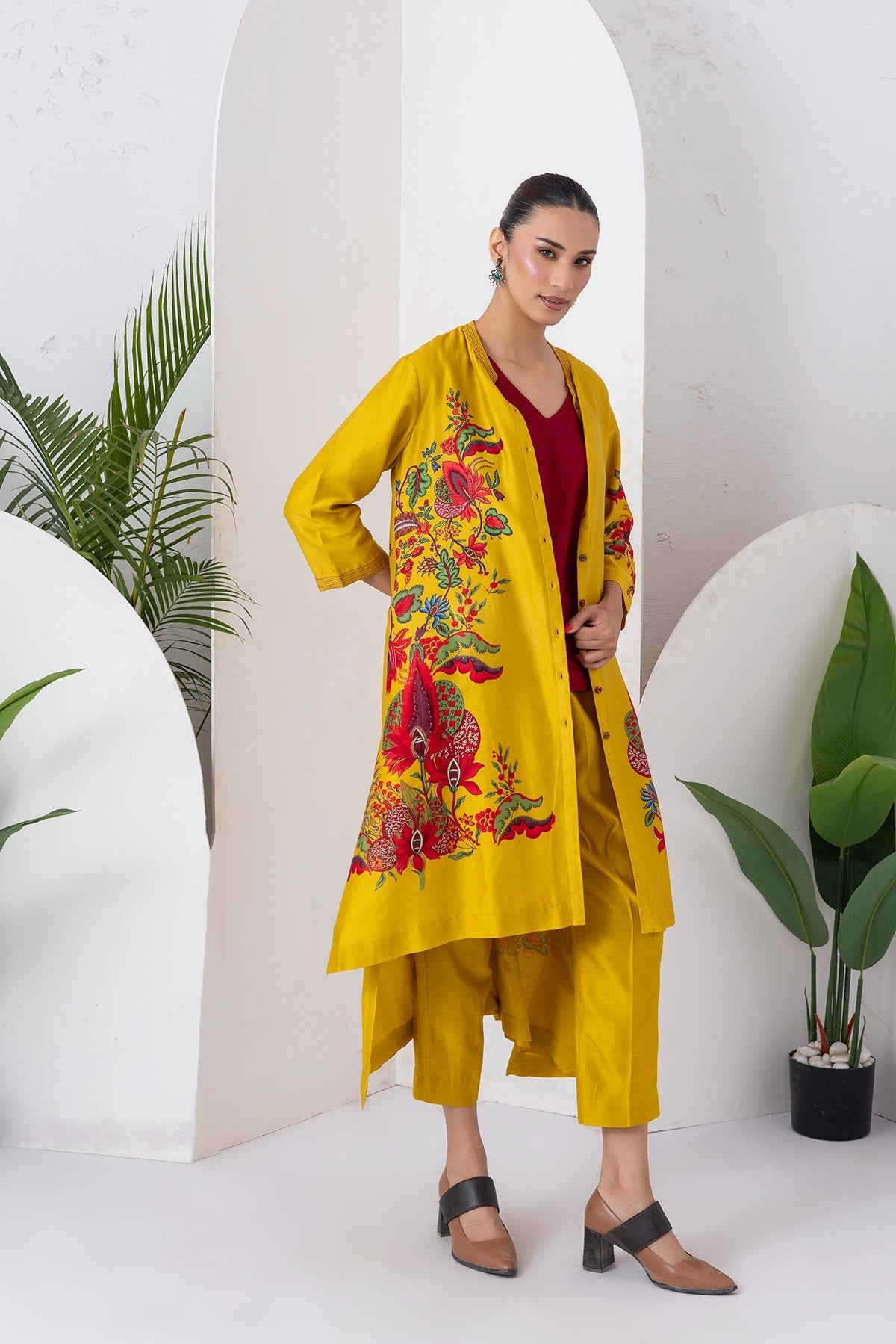 Yellow Silk Chanderi Printed Front Open Floral High-Low Dress Set (3 PCS)