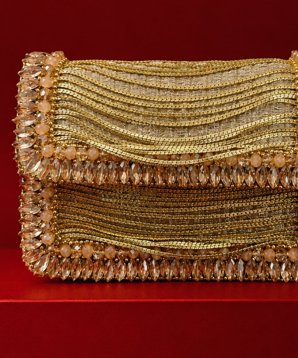 Elif Gold Georgette Embellished Clutch