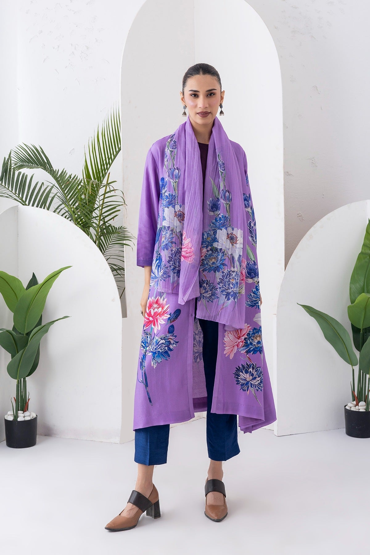 Lavender Silk Chanderi Front Open Printed Dress Set (3 PCS)